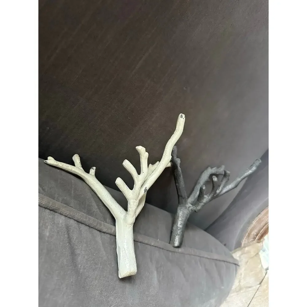 2 Tree Branch Wall Hooks Cast Iron Towel Hat Hanger white gray modern set
